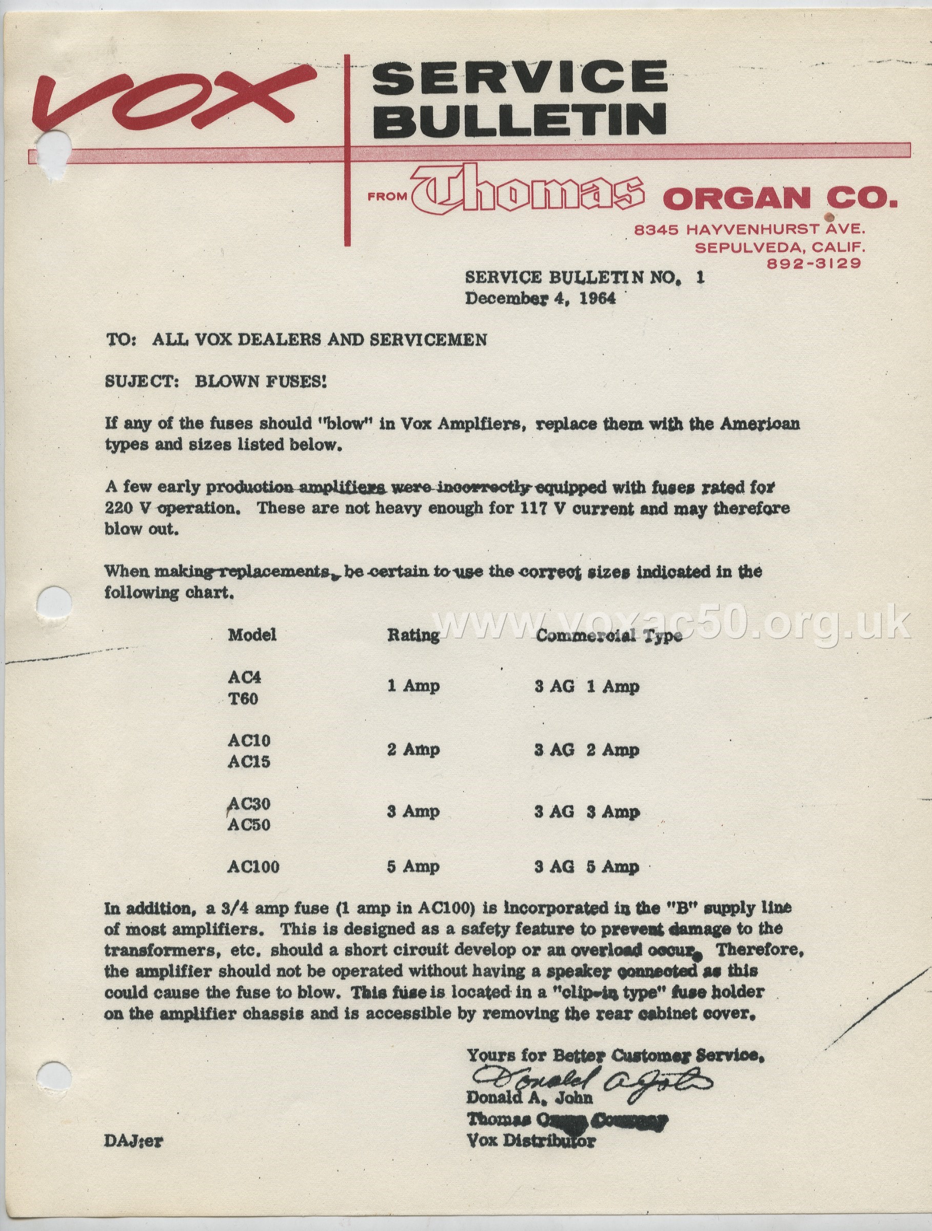 Thomas Organ bulletin, late 1964