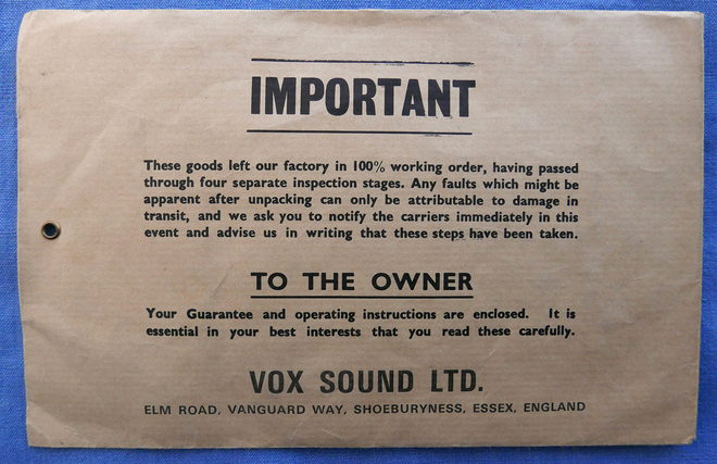 Vox Sound Limited AC50 made by Dallas Arbiter, original literature