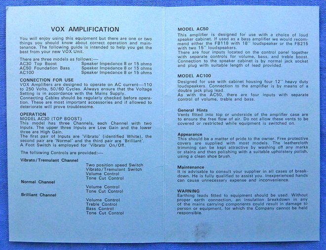 Vox Sound Limited AC50 made by Dallas Arbiter, original literature