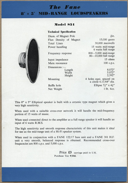 Fane speaker catalogue, 1960s