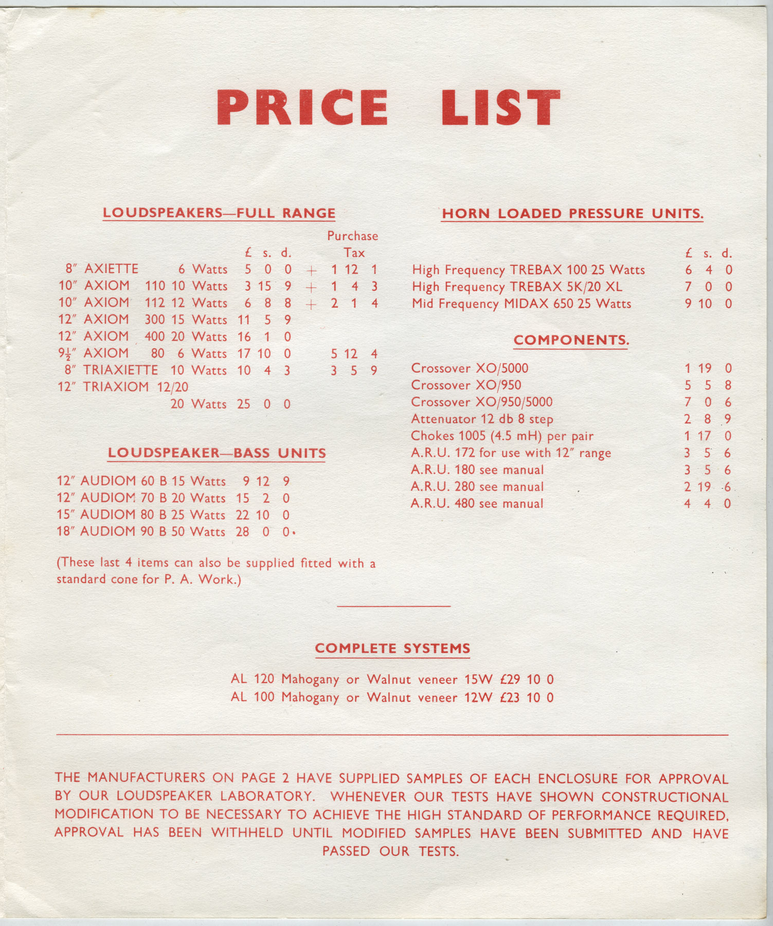 loudspeaker price list